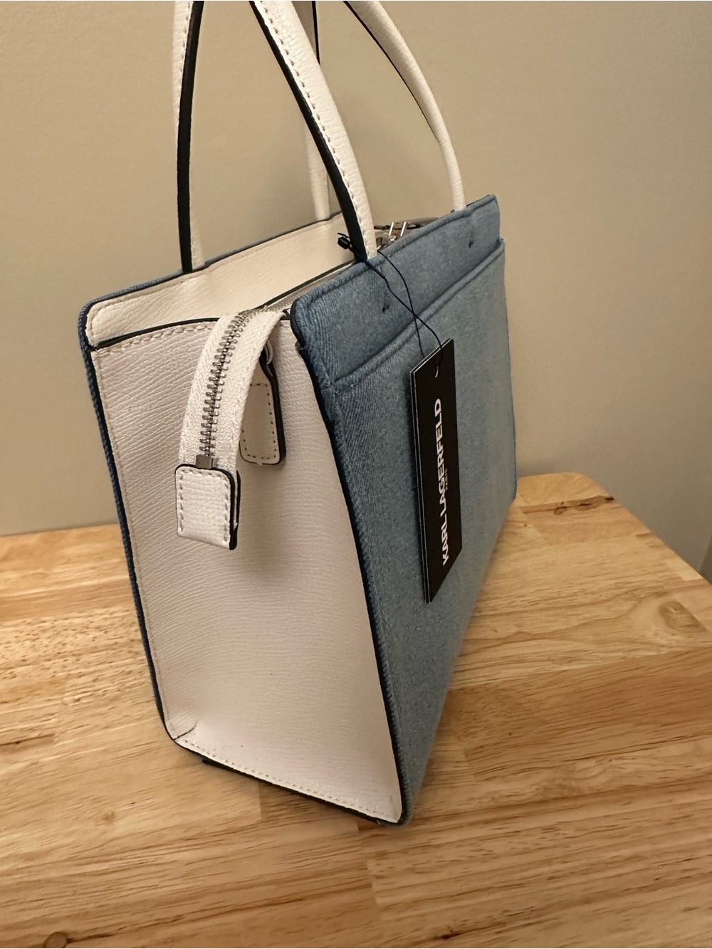 Karl Lagerfeld Denim Pearl-Embellished Satchel with White Handles - Picture 7 of 16
